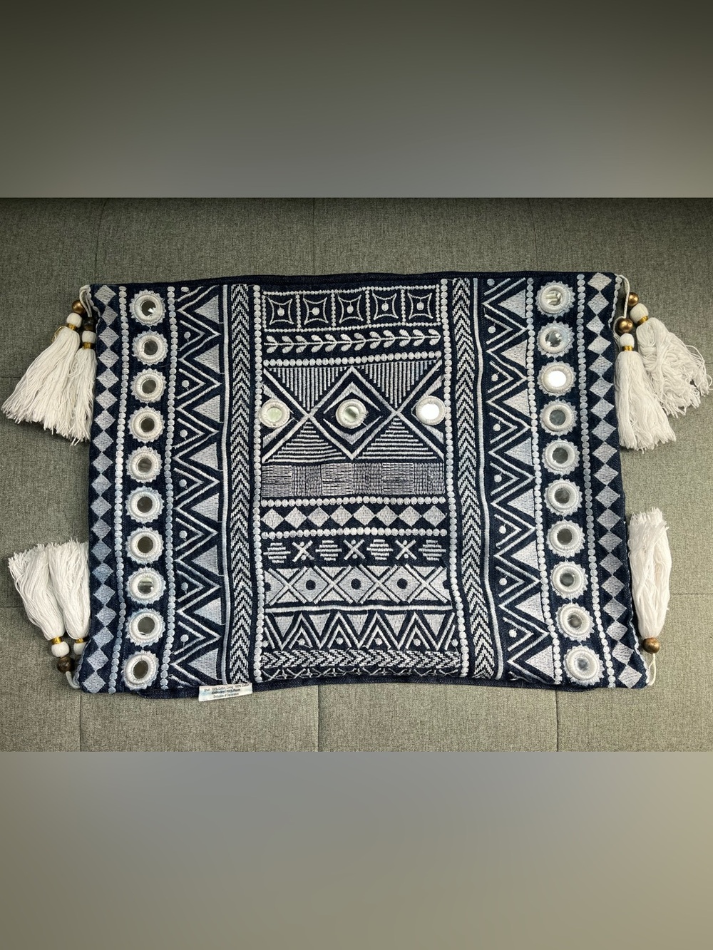 Kim Seybert Navy & White Embroidered and Mirrors Tassel Pillow Cover 100% Cotton